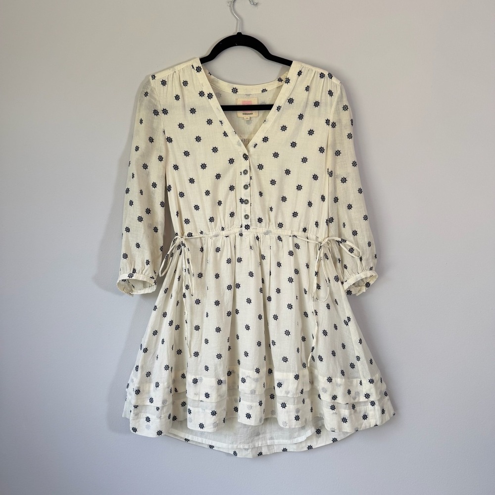 Quiksilver Babydoll Dress Ivory Cotton Nautical Sailor Cruise Beach Boho S -flaw